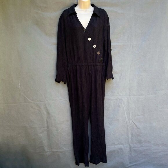 Soft Surroundings 3CW86 Cannes Black Textured Gauze One-Piece Jumpsuit LP - Picture 1 of 6
